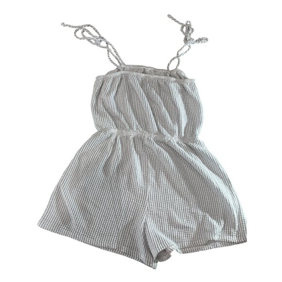 Striped Gray & White Sleeveless Romper With Adjustable Tie Straps Green Envelope - Picture 2 of 7